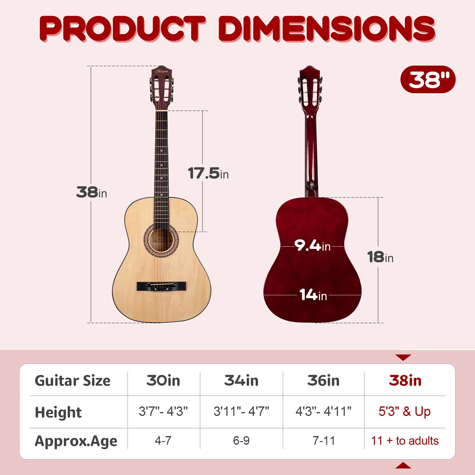 BESYOU Acoustic Guitar 38" Wood Guitar with starter kit-Travel Gig Bag, Tuner,guitar pick with Beginner Set for Kids/Adults -Natural
