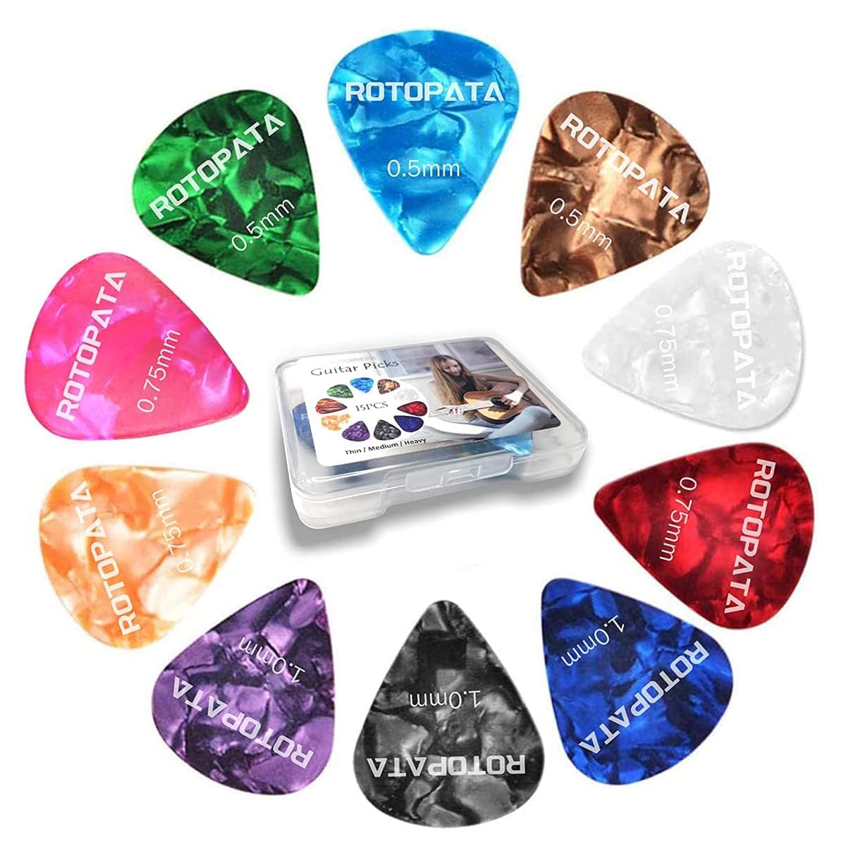 ROTOPATA 15 Pack Guitar Picks Variety Pack with Organizer Box