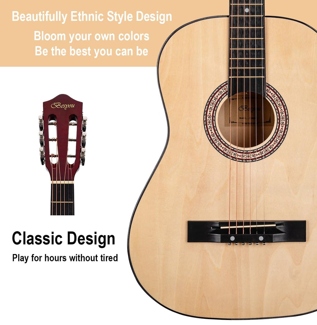 BESYOU Acoustic Guitar 38" Wood Guitar with starter kit-Travel Gig Bag, Tuner,guitar pick with Beginner Set for Kids/Adults -Natural