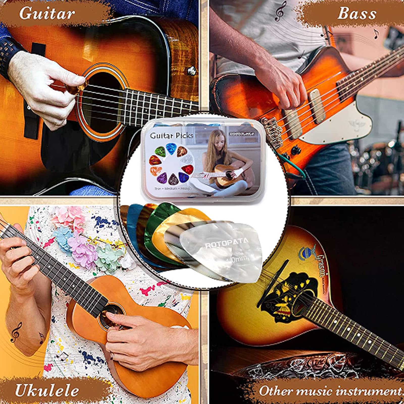 ROTOPATA 15 Pack Guitar Picks Variety Pack with Organizer Box